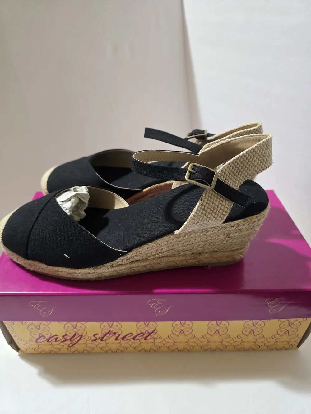 easy street Black and Natural Espadrille Wedge Sandals